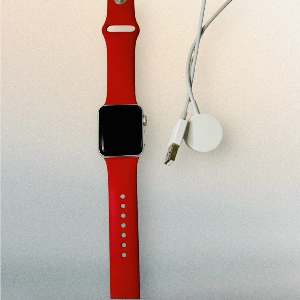 Apple Watch Series 3 38mm GPS Aluminum Silver w/Red Sport Band +Charger Adapter